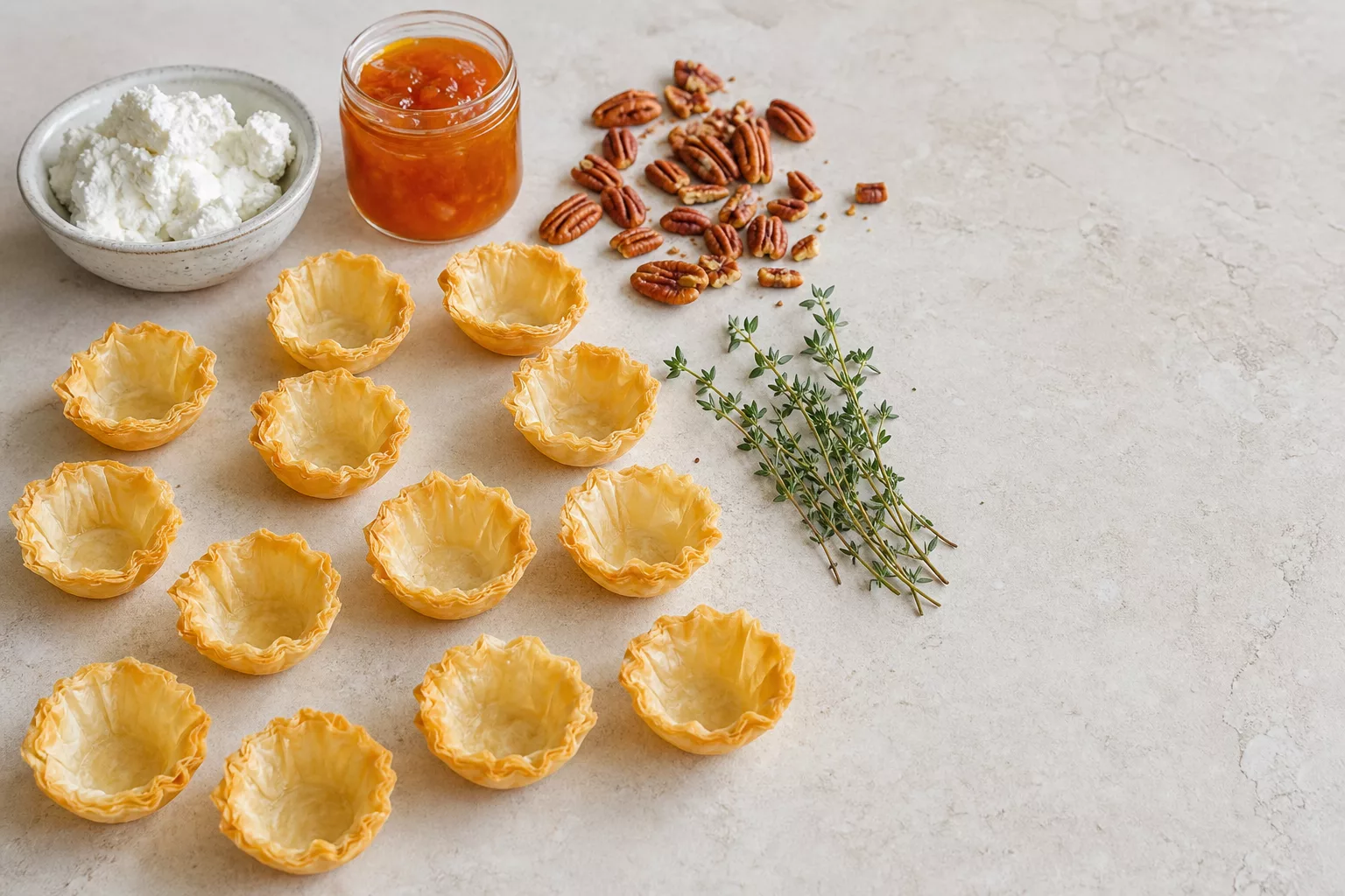 Zutaten für Ziegenkäse-Tartelettes mit Aprikose und Pekannuss