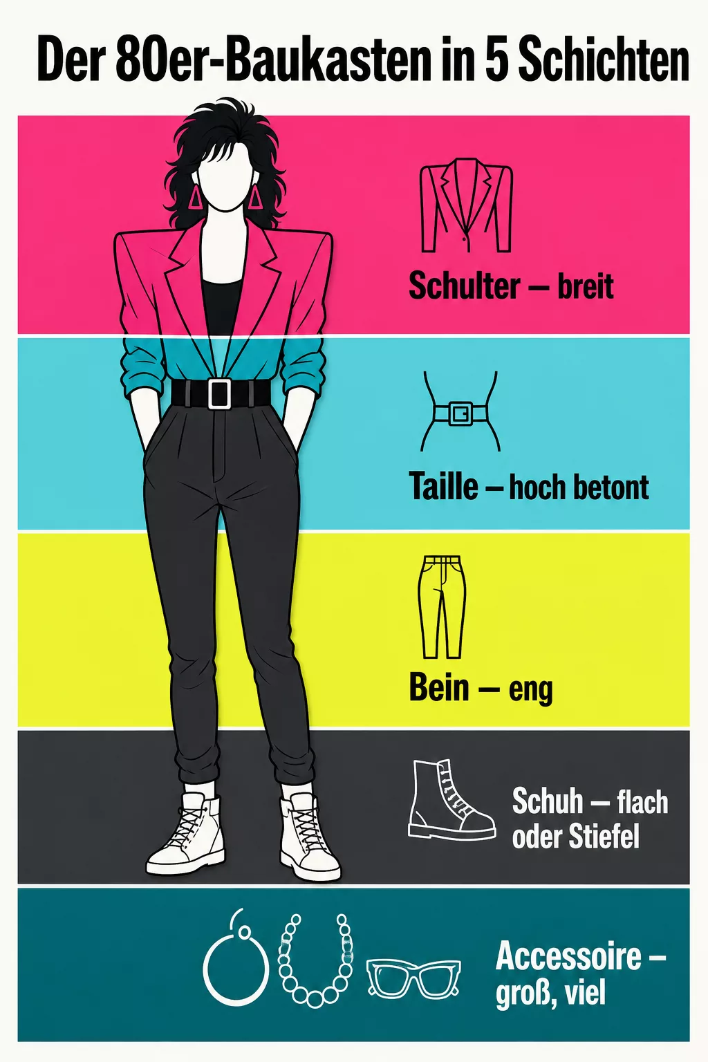 Infografik zeigt die fünf Schichten eines 80er-Outfits