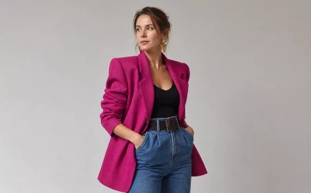 Frau im Magenta-Blazer zeigt die typische 80er Kleidung Silhouette