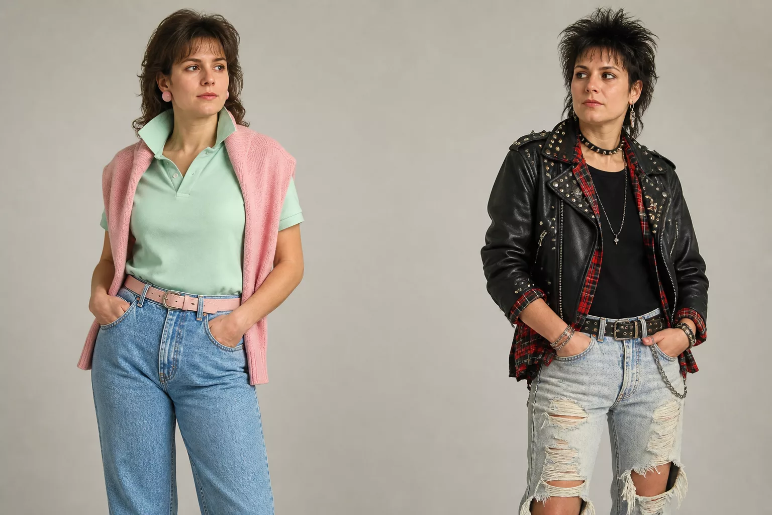 Zwei Frauen im Popper-Pastell- und Punk-Nieten-Look nebeneinander