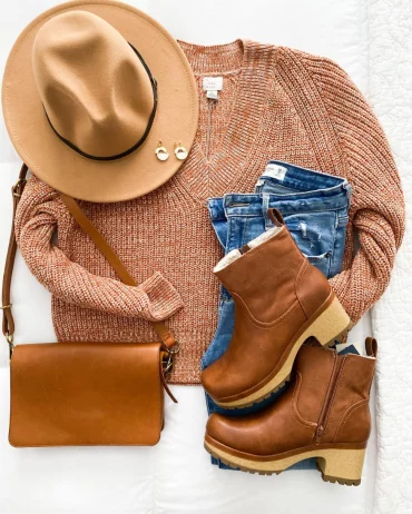 outfit mit pullover in cognac farbe