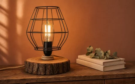 DIY Lampe aus Holzscheibe und Textilkabel auf Sideboard im Wohnzimmer