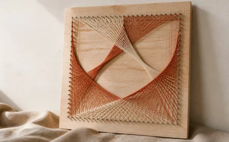 Geometrisches Fadenbild aus Garn und Nägeln auf hellem Leimholz
