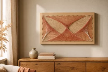 Fadenbild als Wanddeko über einer Kommode im Wohnzimmer