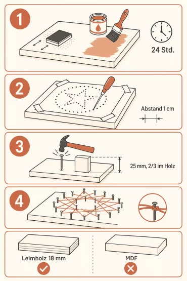 Infografik: vier Schritte vom Holzbrett zum fertigen Fadenbild