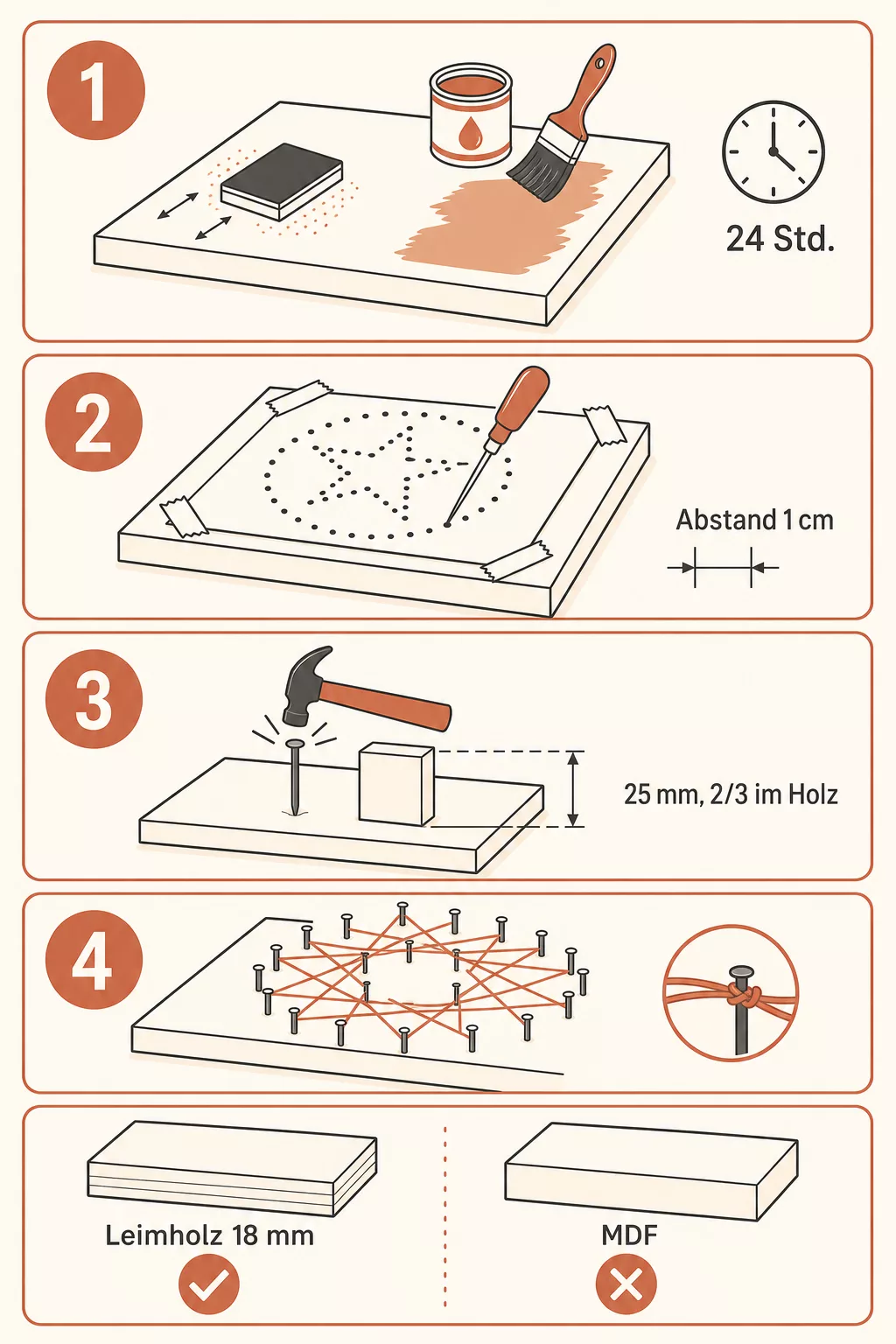 Infografik: vier Schritte vom Holzbrett zum fertigen Fadenbild