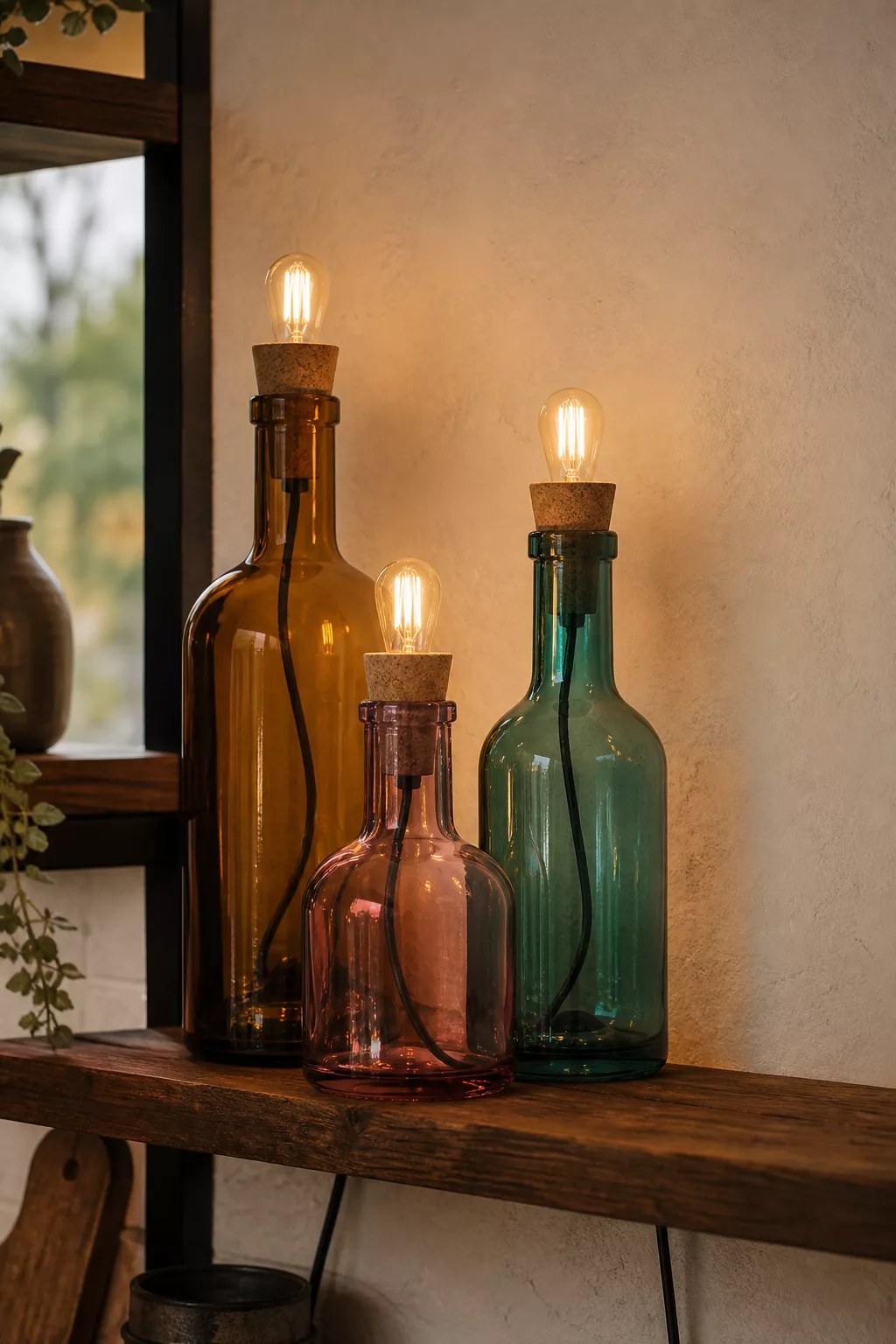 Lampe selber bauen aus bunten Glasflaschen im Regal