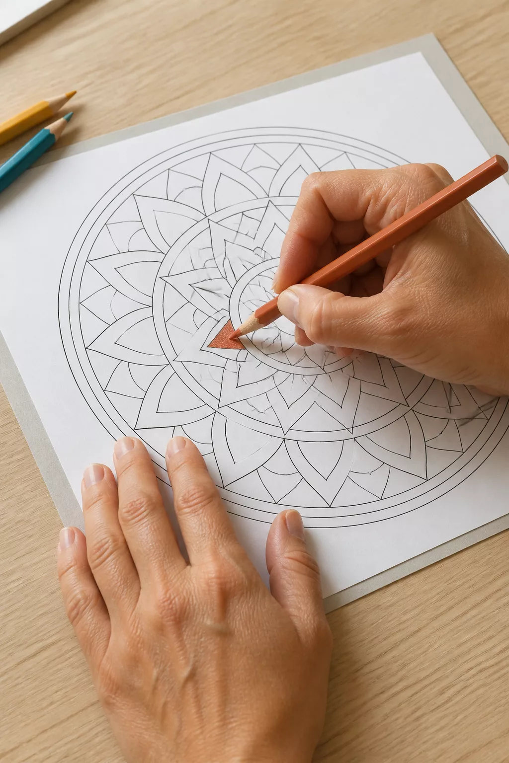 Hände kolorieren ein Mandala-Segment mit Buntstift auf Unterlage