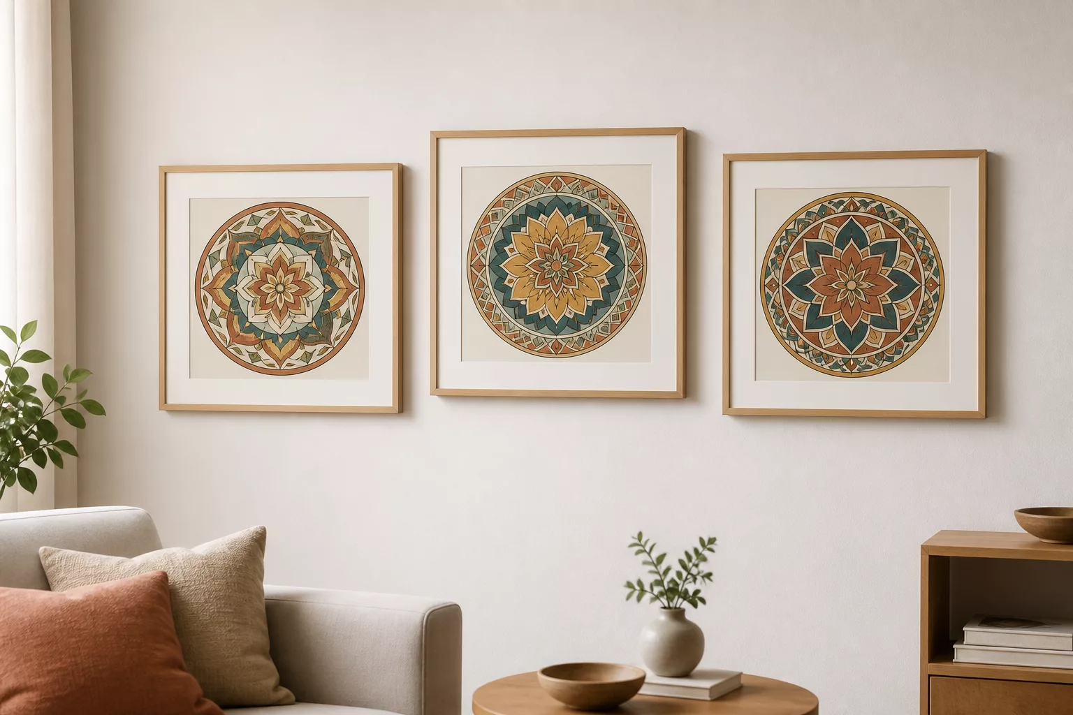 Fertig kolorierte Mandalas gerahmt an einer Wohnzimmerwand