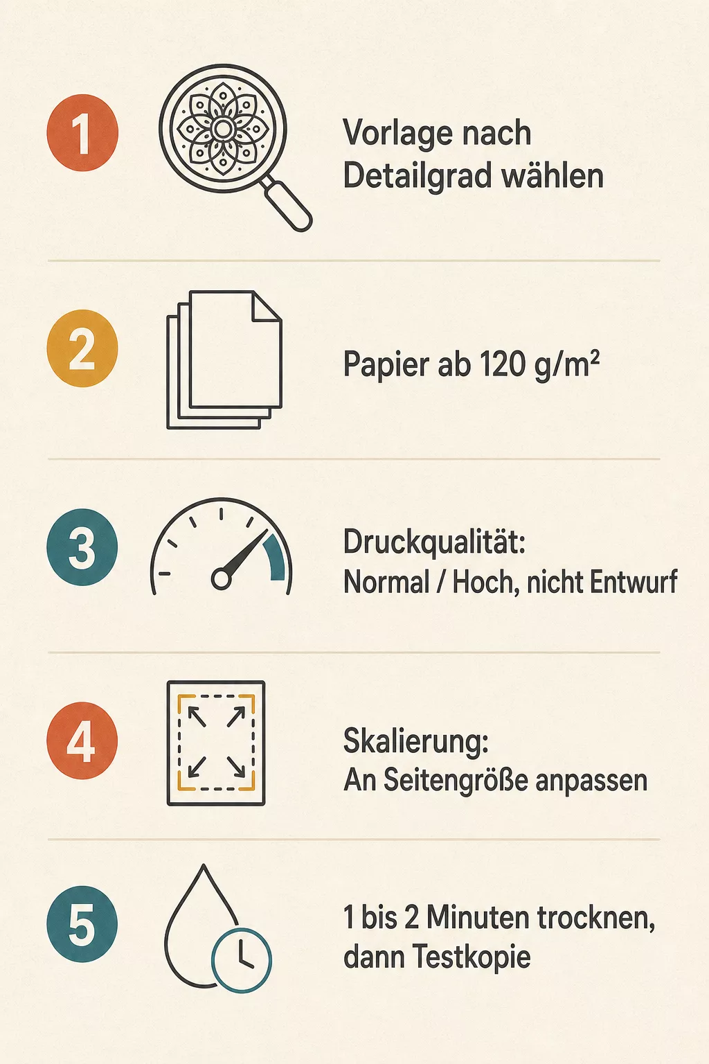 Grafik: fünf Schritte, um Mandalas zum Ausdrucken sauber zu drucken