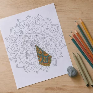 Mandalas zum Ausdrucken: frisch gedruckte Vorlage, ein Segment bereits mit Buntstiften koloriert