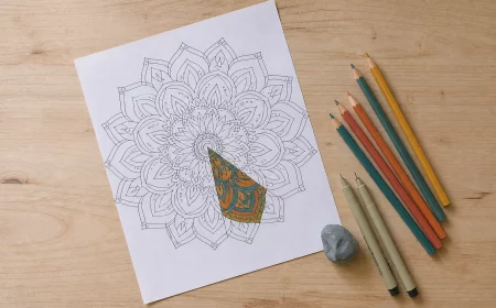 Mandalas zum Ausdrucken: frisch gedruckte Vorlage, ein Segment bereits mit Buntstiften koloriert