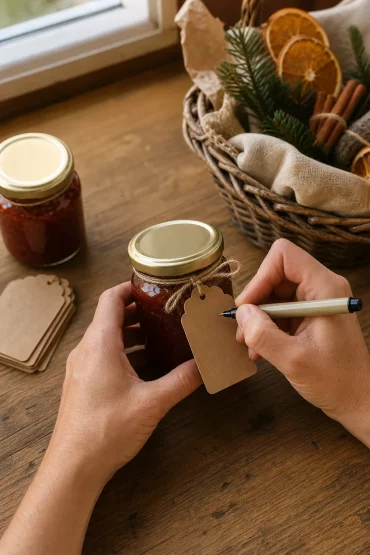 Hände beschriften ein Etikett am Glas mit selbstgemachter Marmelade