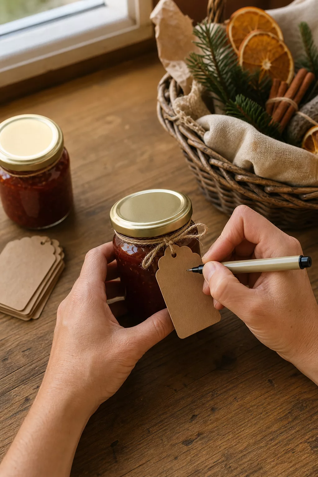 Hände beschriften ein Etikett am Glas mit selbstgemachter Marmelade