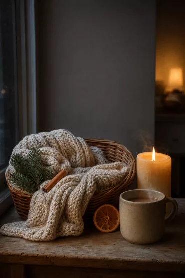 Präsentkorb mit Decke, Kerze und Tasse für einen gemütlichen Winterabend