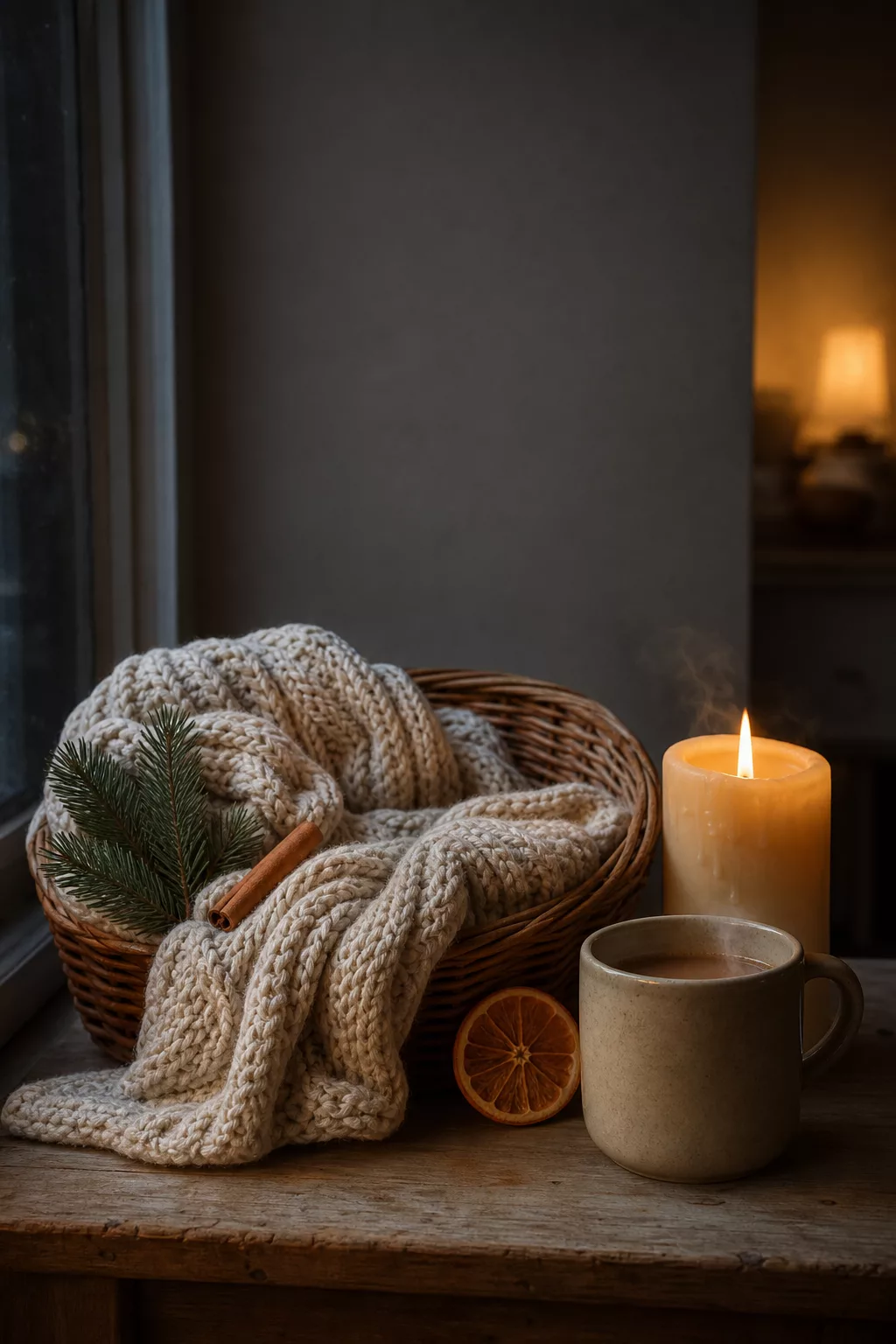 Präsentkorb mit Decke, Kerze und Tasse für einen gemütlichen Winterabend
