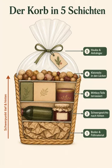 Grafik zeigt einen Präsentkorb zu Weihnachten in fünf Packschichten