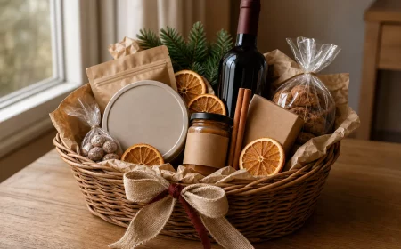 Präsentkorb zu Weihnachten aus Weide, geschichtet mit Flasche, Keksdose und Deko