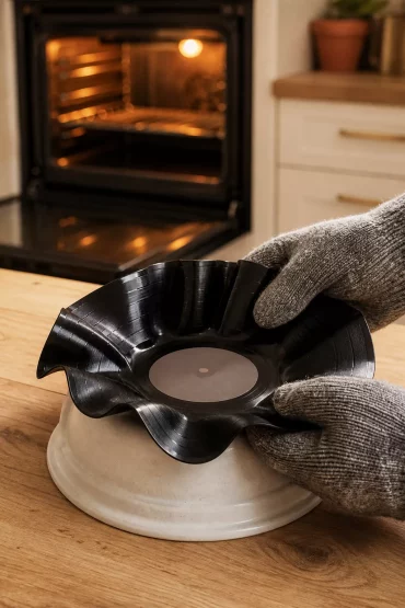 Behandschuhte Hände drücken erwärmte Schallplatte in Schalenform