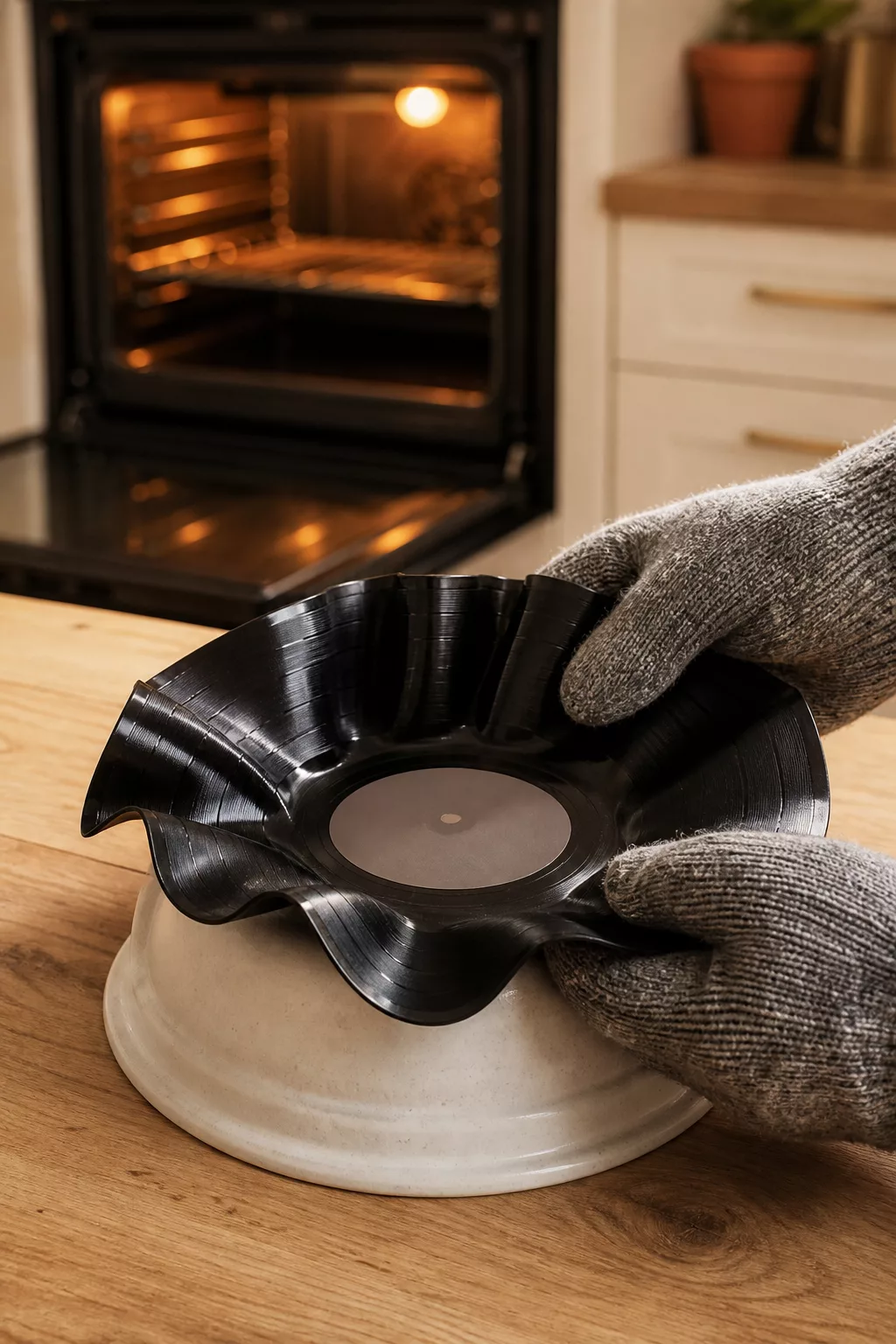 Behandschuhte Hände drücken erwärmte Schallplatte in Schalenform