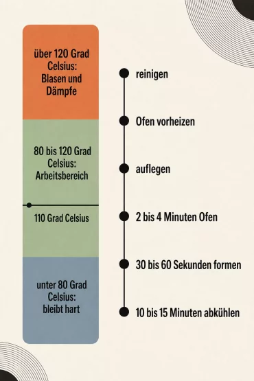 Infografik zum Temperaturfenster und Zeitablauf beim Schallplatten formen
