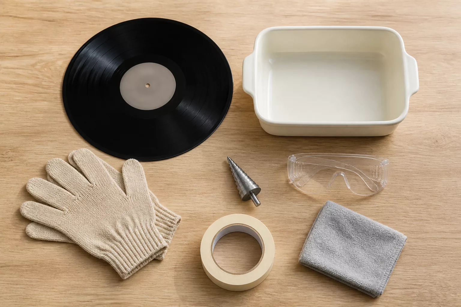 Materialien für die Vinylschale: Schallplatte, Auflaufform, Handschuhe, Stufenbohrer