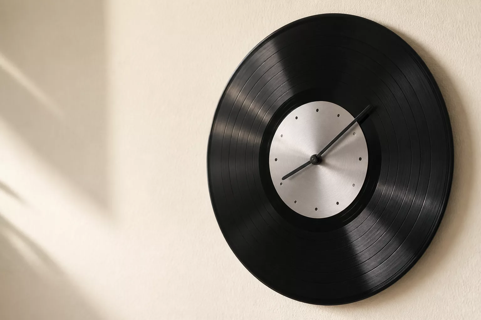 Minimalistische Wanduhr als Deko aus Schallplatten ohne Ziffern