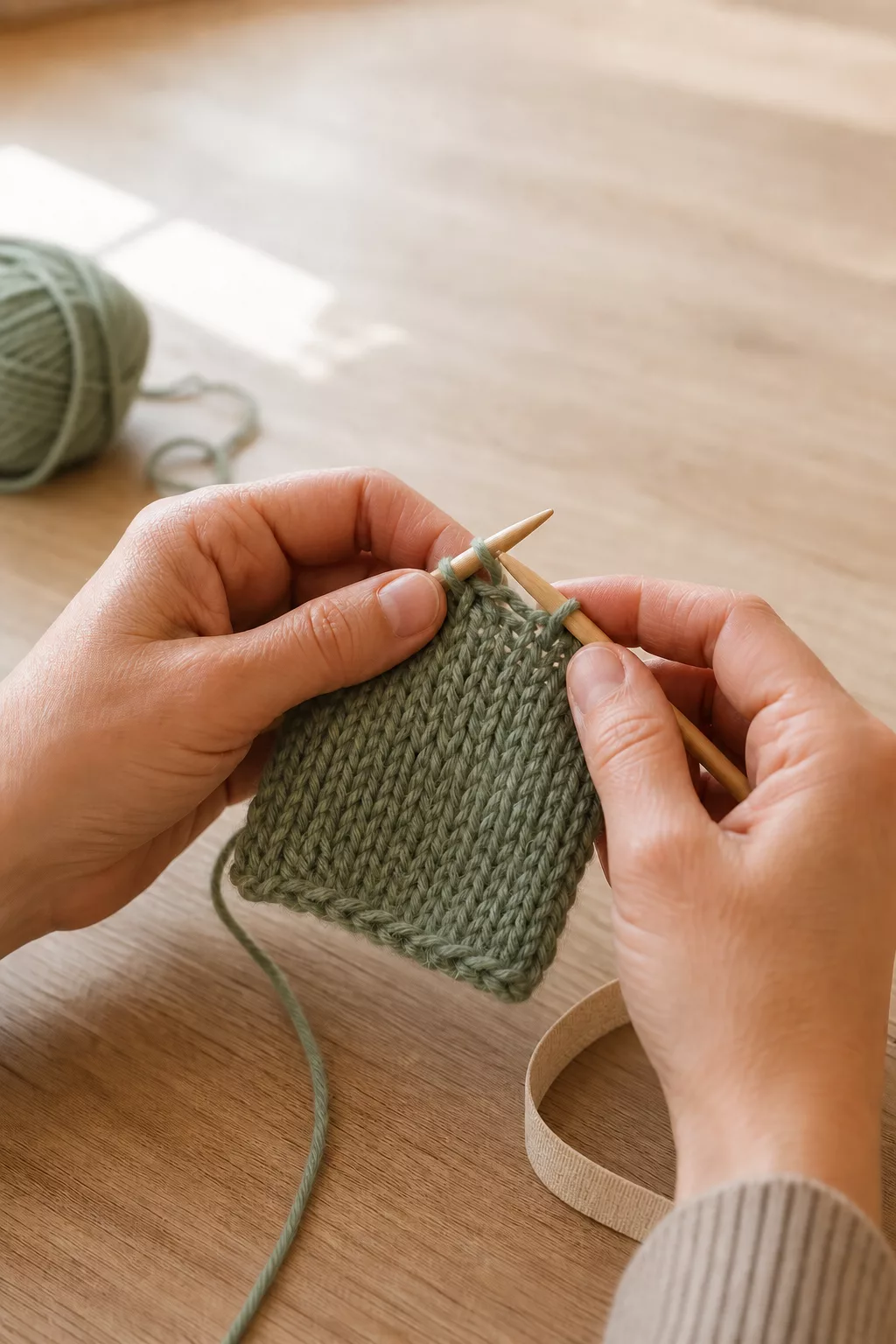 Hände stricken eine Maschenprobe für den Baby Pullover