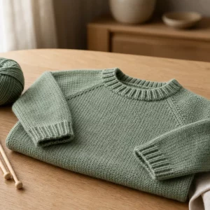 Baby Pullover stricken: fertiges Modell in Salbeigrün auf Holztisch