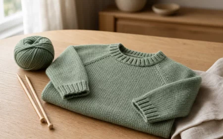 Baby Pullover stricken: fertiges Modell in Salbeigrün auf Holztisch