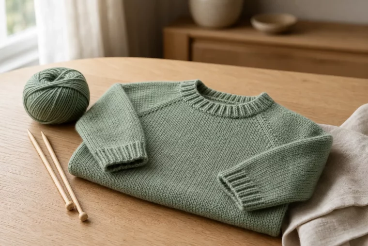 Baby Pullover stricken: fertiges Modell in Salbeigrün auf Holztisch