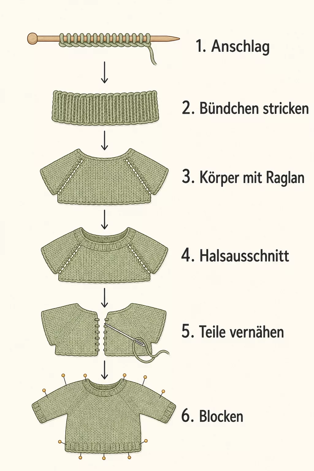 Grafik: 6 Schritte zum Baby Pullover von Anschlag bis Blocken