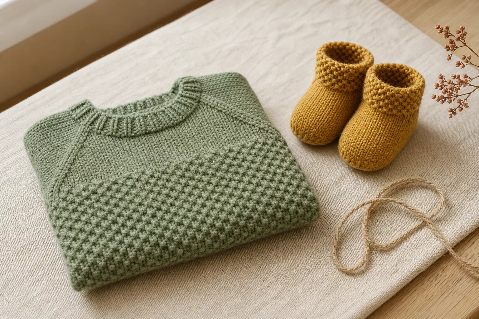 Fertiges Strickset aus Baby Pullover und Booties in Senfgelb und Salbeigrün