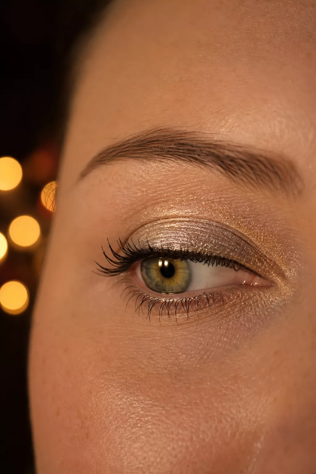 Extremes Close-up eines Auges mit metallischem Champagner-Chrom-Lidschatten
