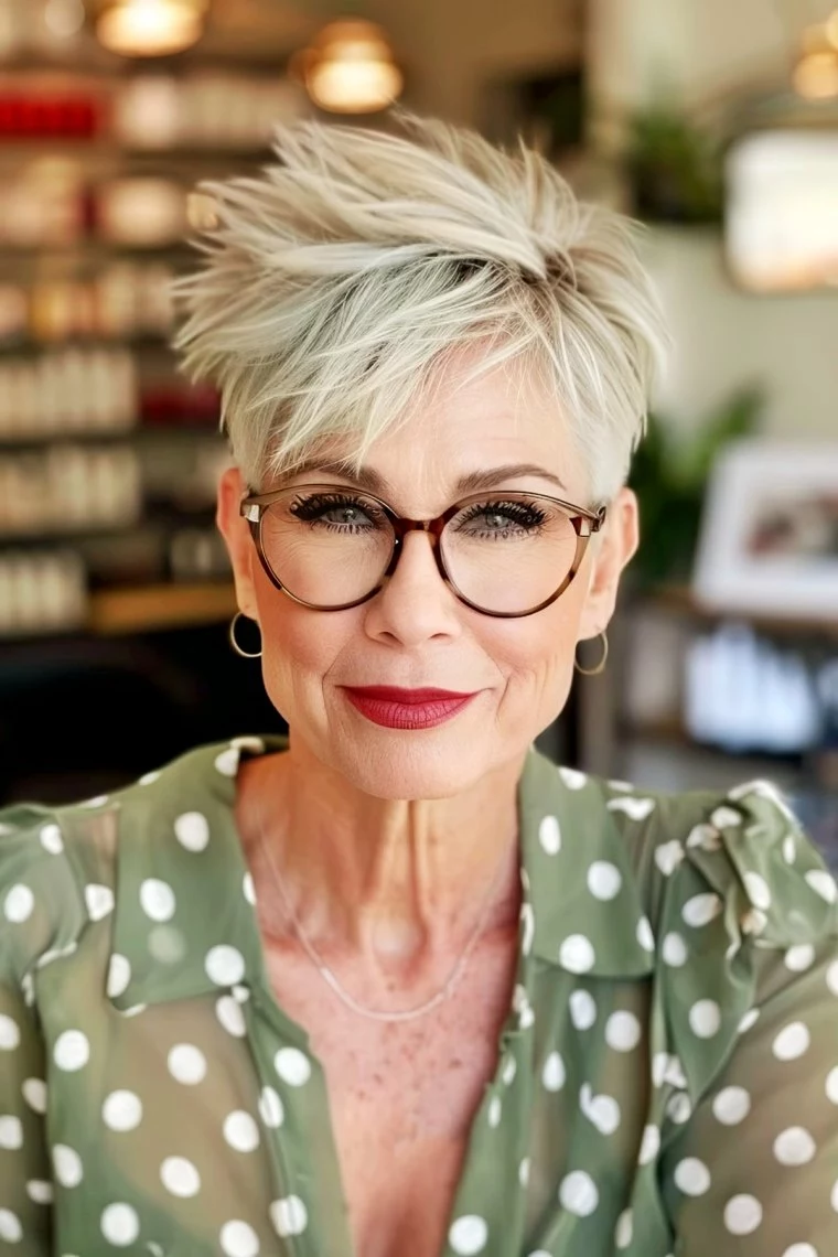 feines haar kurzhaarfrisuren fransiger pixie cut mit seitenscheitel pony und brille