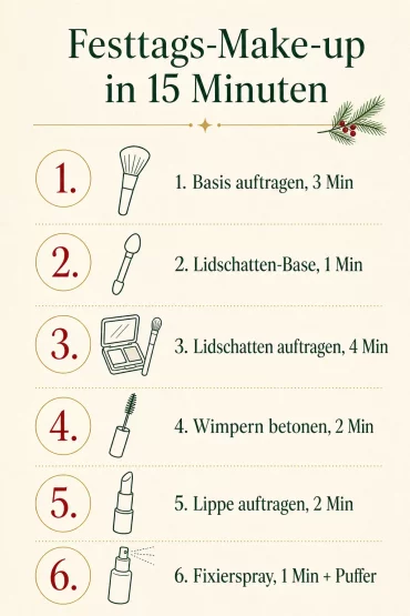 Grafik mit 6 Schritten für Festtags-Make-up in 15 Minuten