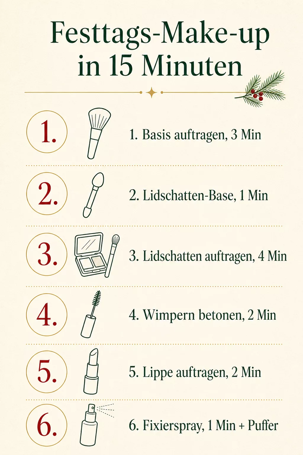Grafik mit 6 Schritten für Festtags-Make-up in 15 Minuten