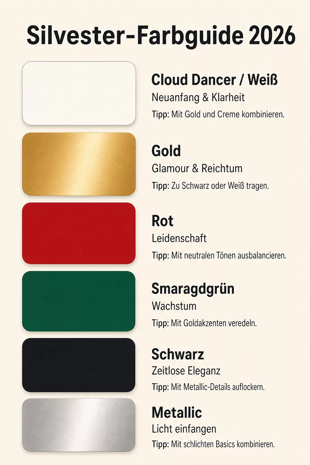 Infografik mit den Trendfarben für Silvester 2026