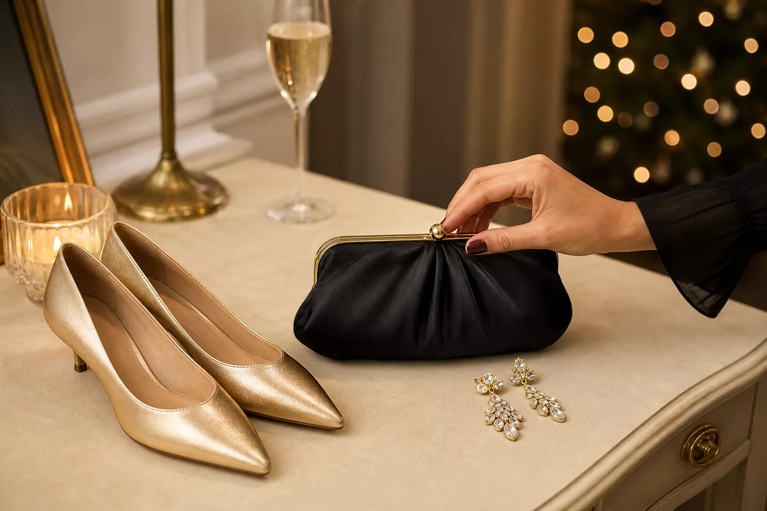 Accessoires für Silvester: Clutch, Ohrringe und Absatzschuhe