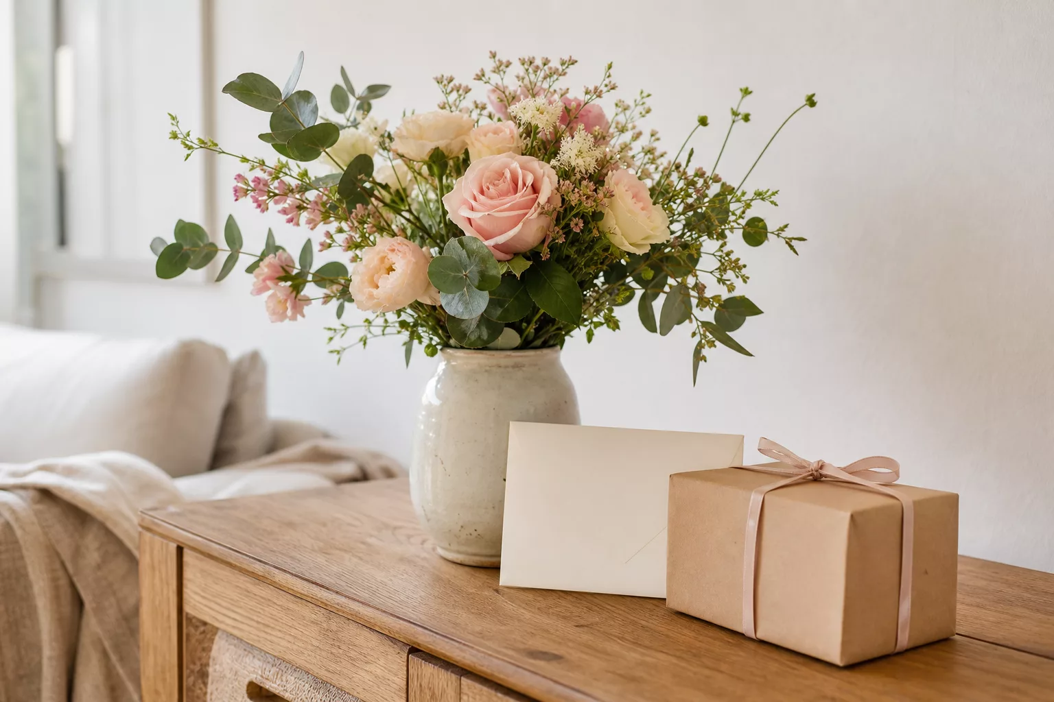 Blumenstrauß mit kleinem Geschenk und Umschlag auf einer Kommode