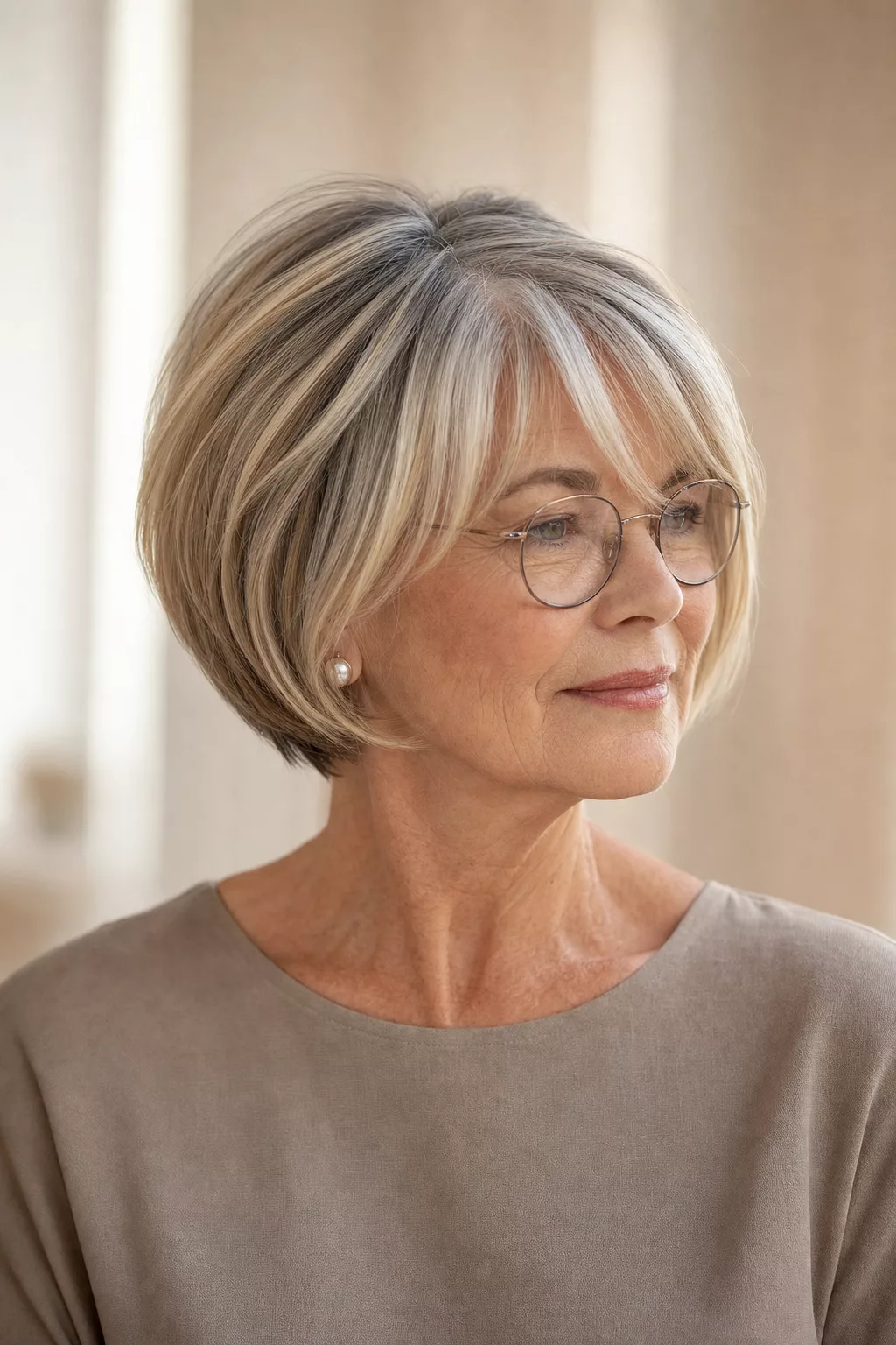 Bob mit Pony ab 50, seitlicher Scheitel mit Curtain Bangs und Brille