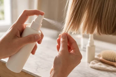 Hände sprühen Hitzeschutz auf die Spitzen eines kurzen Bobs