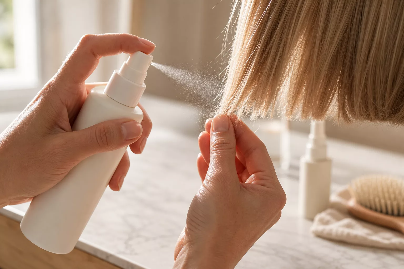 Hände sprühen Hitzeschutz auf die Spitzen eines kurzen Bobs