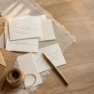 Dankeskarte Hochzeit: handgeschriebene Karten und Umschläge auf Holztisch