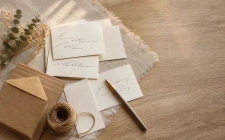 Dankeskarte Hochzeit: handgeschriebene Karten und Umschläge auf Holztisch