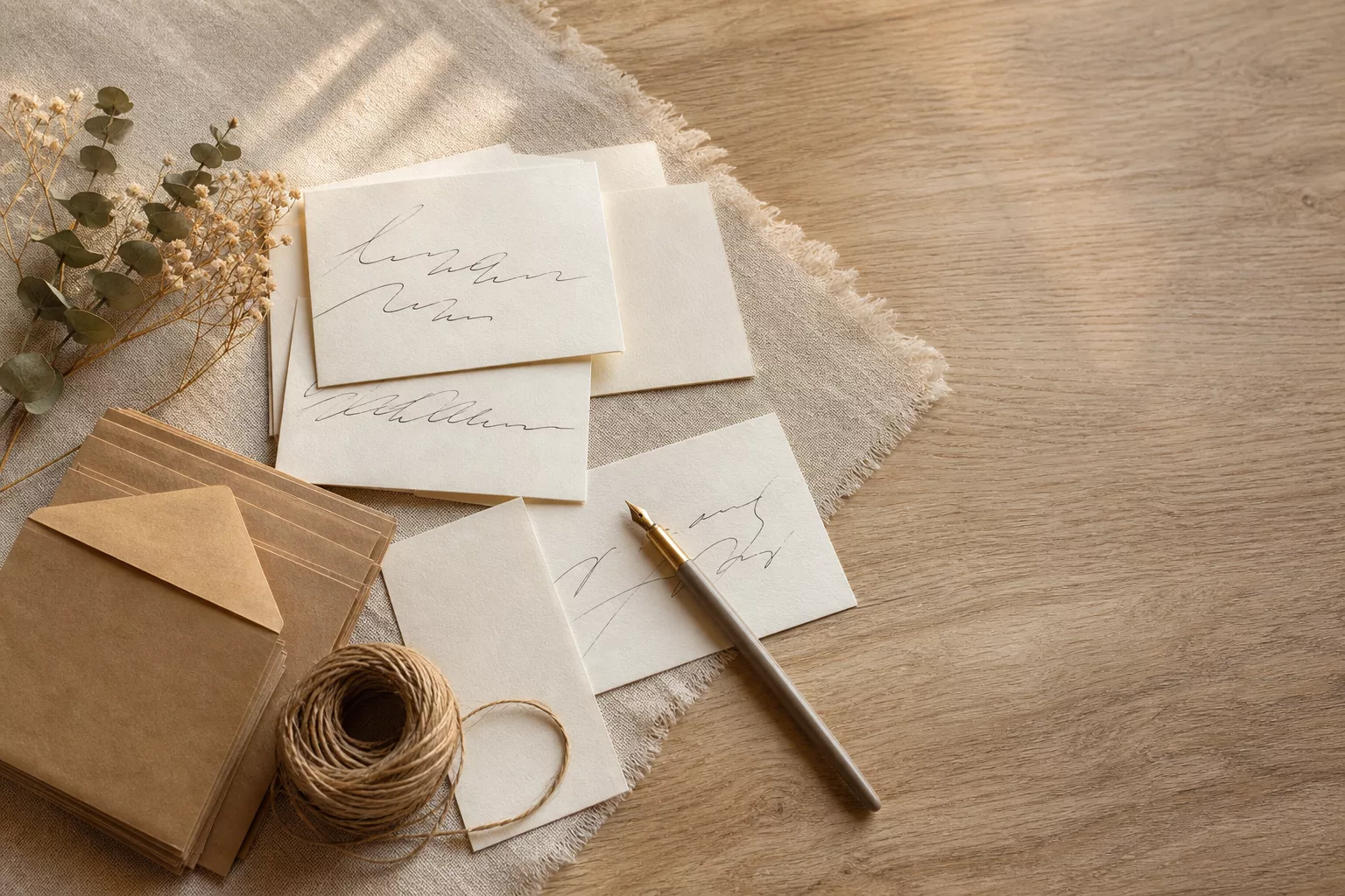 Dankeskarte Hochzeit: handgeschriebene Karten und Umschläge auf Holztisch