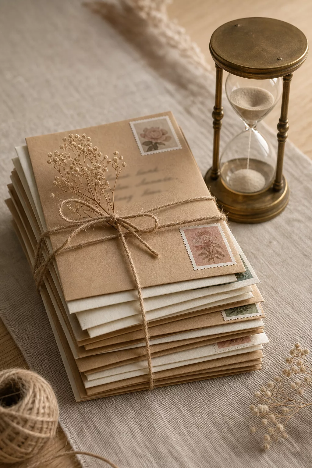 Adressierte Hochzeitsumschläge mit Briefmarken bereit zum Versand