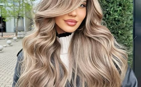 frisuren mit schraegem pony lange wellige haare balayage blonde strahnen grosser seitlicher pony mastersofbalayage