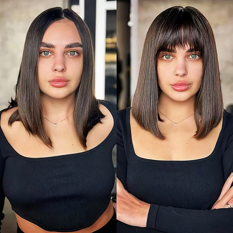 frisuren mit schraegem pony voher nachher long bob mit bangs studio mostton