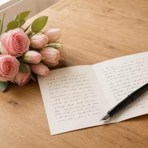 Handgeschriebene Geburtstagswünsche für Frauen: Karte, Füller und ein Strauß aus rosa Rosen und Tulpen auf Holztisch